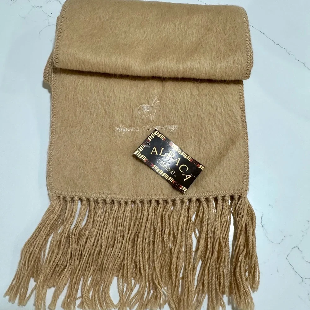 NWT Alpaca Camargo Womens 100% Alpaca Fringe Scarf Brown Classic Soft Luxury Vtg